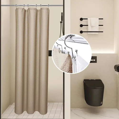Miniatura 23 de LaCyan Cortina de ducha impermeable de punto gofre, juego de 3 piezas resistente de 258 GSM con forro transparente y 12 ganchos de acero inoxidable