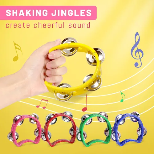 Miniatura 3 de Pandereta para niños, 4 unidades, instrumentos musicales para niños pequeños a partir de 3 años con 4 jingles de metal, certificado ASTM, no tóxico