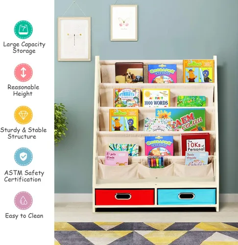 Miniatura 6 de HONEY JOY Estante para libros para niños con 2 contenedores de almacenamiento, estantería de madera para niños pequeños con 4 estantes de Beige