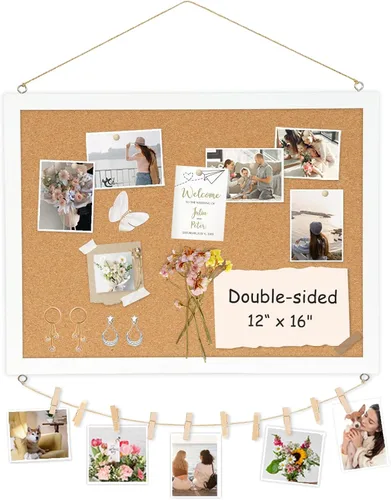 Miniatura 23 de Tablero de corcho de doble cara con lino, tablero de anuncios pequeño con marco de madera colgante de 12 x 12 pulgadas, kit de tablero de visión