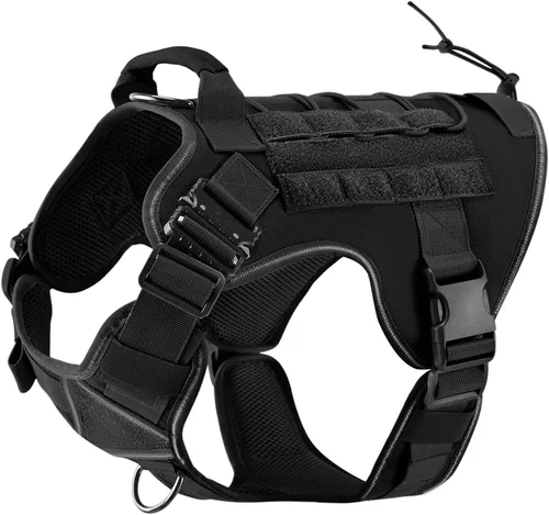 Arnés táctico para perro, 2 hebillas de metal, arnés reflectante militar para perro con soporte oculto para Airtag y asa, chaleco ajustable para