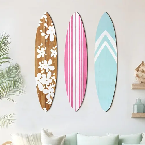 Miniatura 9 de Gerrii 3 piezas de decoración de pared de tabla de surf de 23.6 x 5.4 pulgadas, decoración estética grande de madera bonita tropical playa arte