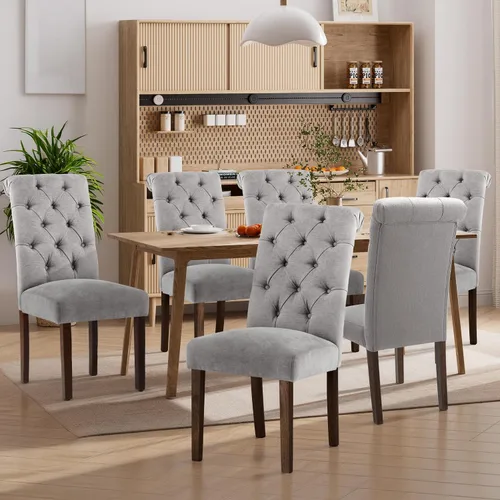 Miniatura 22 de Juego de 2 sillas de comedor, tapizadas Parsons con botones y patas de madera maciza, sillas de cocina de tela moderna para comedor, color beige