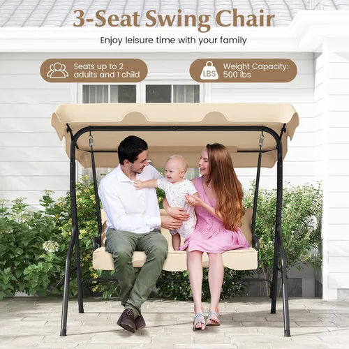 Miniatura 3 de RELAX4LIFE Silla columpio para porche para 3 personas, columpio para exteriores con toldo ajustable, cojín extraíble y soporte de marco de metal