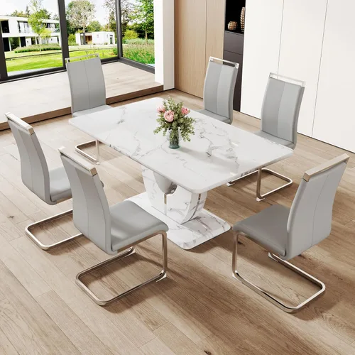 Miniatura 53 de Juego de 6 sillas de mesa de comedor para 6, juego de 6, moderno juego de comedor con mesa de comedor de mármol de 63 pulgadas, sillas tapizadas