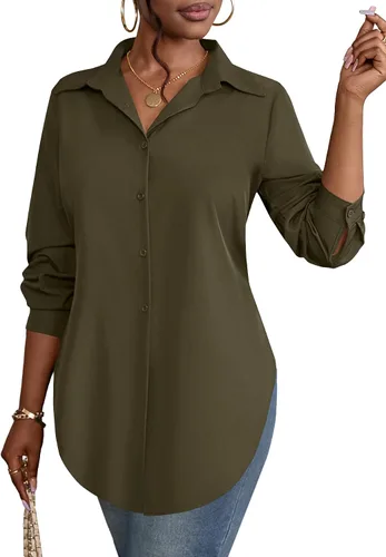 Miniatura 18 de Rooscier Blusa larga con cuello en V para mujer, manga larga, abertura lateral, con botones