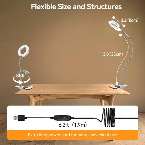 Miniatura 5 de Skymore Luz de clip - 3 modos de color y 10 luces LED de escritorio de lectura con abrazadera flexible de cuello de cisne para lectura de niños a