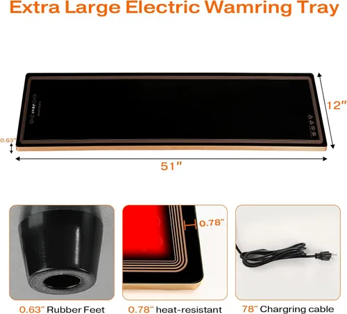 Miniatura 2 de Bandeja de calentamiento eléctrica para bufés de fiesta (51 x 12 pulgadas) Tapete de calentamiento de alimentos con 12 ajustes de temperatura