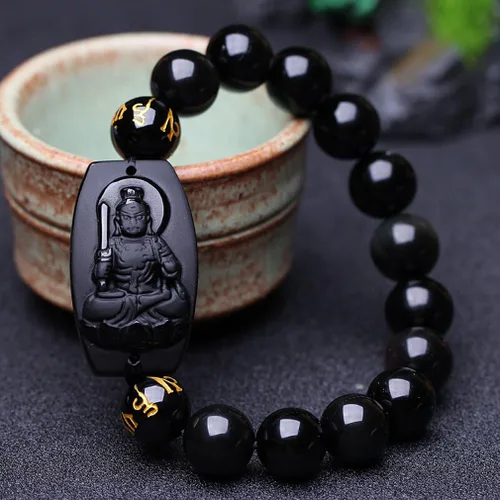 Miniatura 5 de 100% obsidiana natural pura inamovible Bodhisattva Buda pulsera pulsera