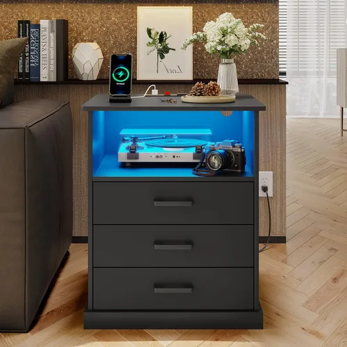 Miniatura 9 de Hasuit Mesita de noche con estación de carga y luces LED, mesita de noche grande con 3 cajones de almacenamiento, mesita de noche negra