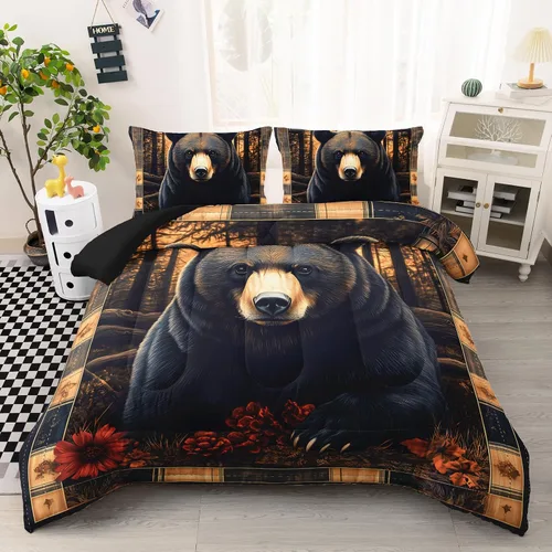 Miniatura 31 de AILONEN Lindo juego de edredón de oso tamaño individual, juego de ropa de cama Kawaii de oso de peluche marrón para niños y niñas, edredón suave