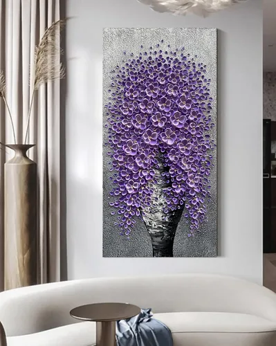 Miniatura 7 de Epicler - Pintura al óleo de flores moradas grandes pintadas a mano, contemporánea, abstracta, decoración del hogar, pintura de arte decorativo