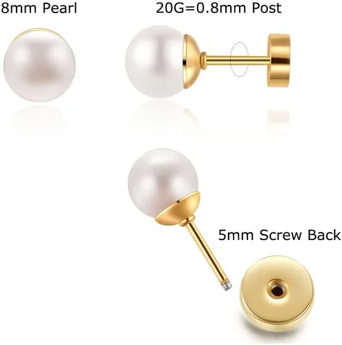 Miniatura 10 de Pearl Stud Earrings for Women,Flat Screw Back Pearl Helix Earrings Cartilage Earrings 316L Surgical Steel Piercing Jewelry Gift(7,8,9,10mm Pearl)