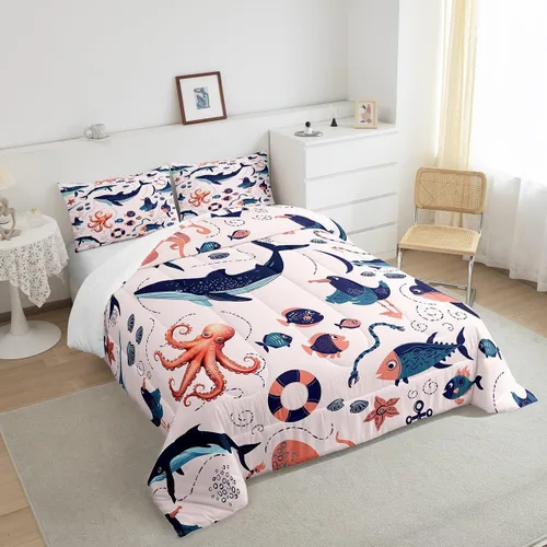 Miniatura 4 de Erosebridal Juego de edredón de animales costeros para niños y niñas, juego de ropa de cama de ballena de dibujos animados, tamaño individual, lindo