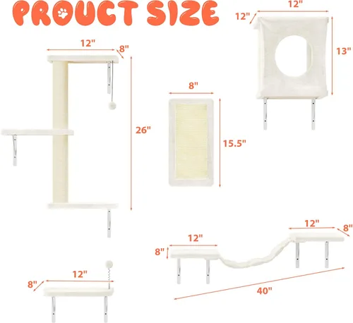 Miniatura 5 de NUNU LAB Juego de estantes de pared para gatos, 5 piezas, escalador de gato montado en la pared con casa para gatos, puente, poste rascador, hamaca