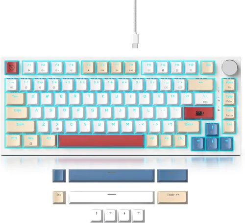 Miniatura 21 de Fogruaden Teclado para juegos con cable, 75 por ciento, intercambiable en caliente, teclado mecánico cremoso de montaje en junta con perilla