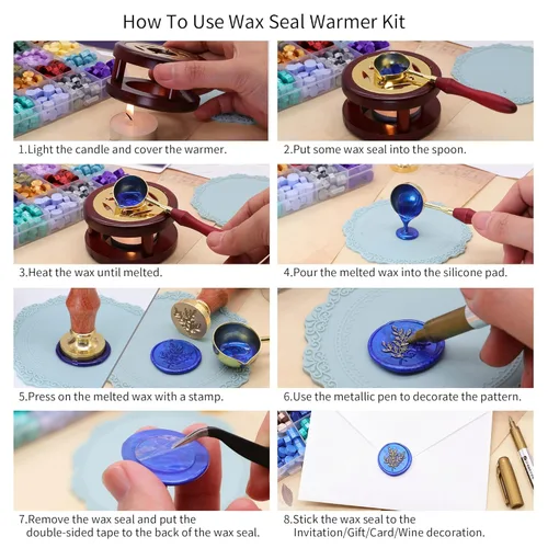 Miniatura 2 de SWANGSA Kit de sellado de cera con caja de regalo, 24 colores, 700 cuentas de cera de sellado con sello de eucalipto, horno, bolígrafo, tarjetas
