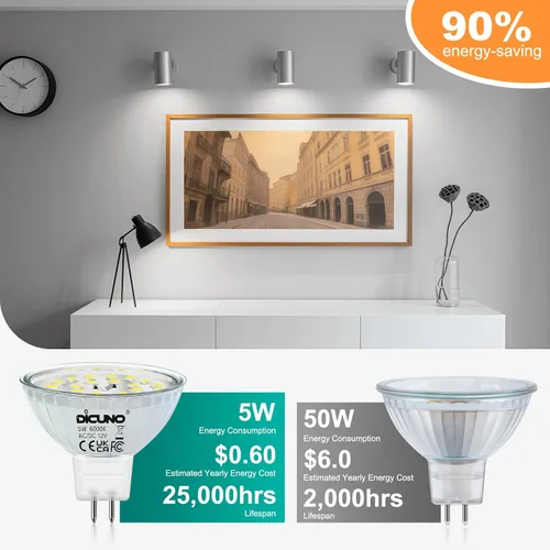 Miniatura 5 de DiCUNO Bombillas LED MR16 regulables, luz blanca diurna, 6000 K, 50 W, equivalente a halógeno, 12 V CA/CC, bombilla base de 5 W GU5.3 bi-pines, Luz