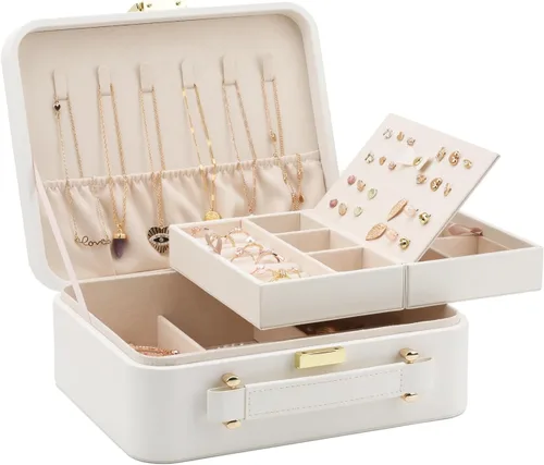Miniatura 2 de V-LAFUY Joyero blanco, organizador de joyas de viaje grande, organizador de joyas de 2 capas, organizador de joyas de viaje para mujeres, estuche