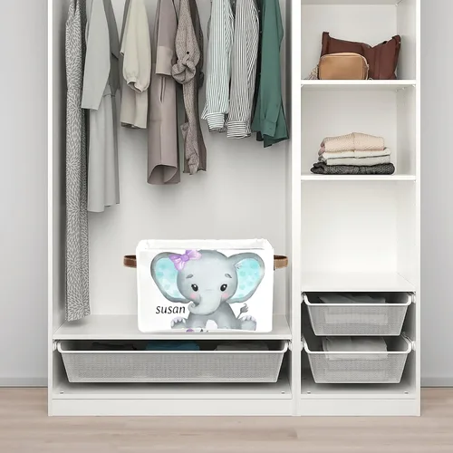 Miniatura 4 de Canasta de almacenamiento personalizada de elefante verde azulado con nombre, caja de almacenamiento grande con asas para el hogar, oficina