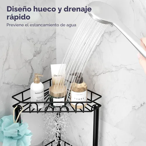 Miniatura 3 de SWTYMIKI Estante organizador de ducha de pie de acero inoxidable de 3 niveles con 12 ganchos y almohadillas adhesivas, estantes esquineros