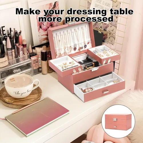 Miniatura 5 de Dajasan Caja organizadora de joyas, organizador de joyas para mujeres y niñas, 3 capas de almacenamiento grande de joyería para aretes, anillos