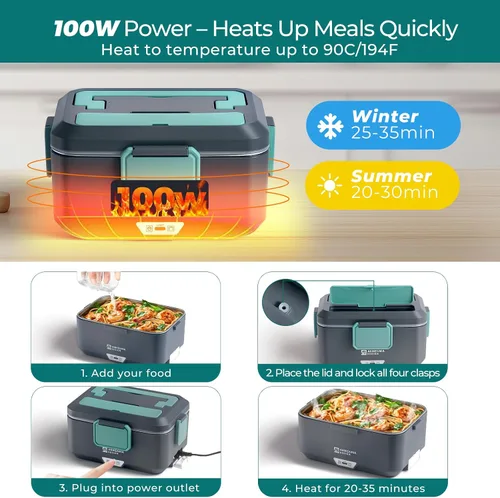 Miniatura 5 de Annie & Mia Design Fiambrera eléctrica para adultos, 100 W, 3.5 L, calentador de alimentos portátil de 2 capas, modo dual de 2.5 L + 1 litro