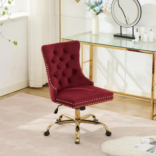 Miniatura 19 de Bonita silla de tocador beige con ruedas, silla de escritorio de oficina cómoda sin brazos de terciopelo para el hogar, silla giratoria
