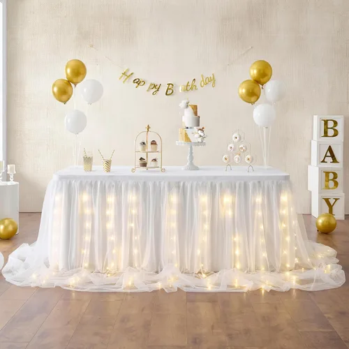 Miniatura 6 de Falda de mesa de tul blanco para baby shower, falda de mesa tutú con volantes blancos de 9 pies con luz LED para boda, despedida de soltera, baby