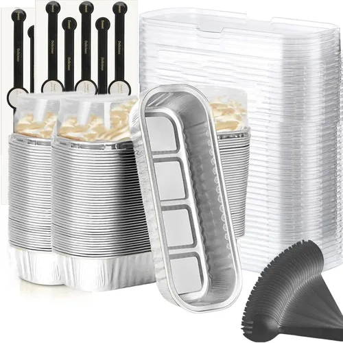 Miniatura 24 de Findful Mini Moldes para Hornear Pan con Tapas y Cucharas (Paquete de 50, 6.8oz) Moldes Rectangulares de Papel de Aluminio para Hornear Recipientes