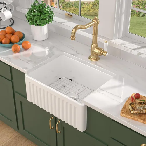 Miniatura 9 de Fregadero blanco de granja – Delantal de fregadero de arcilla refractaria de 24 pulgadas, estilo campestre, fregaderos de porcelana para granja, 24