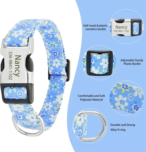 Miniatura 2 de Collares de perro florales personalizados con nombre, collares suaves personalizados con hebilla grabada para perros pequeños, medianos y grandes