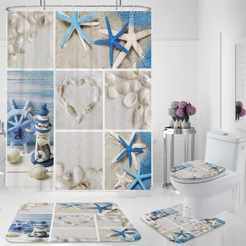 zokyer Juego de cortinas de ducha con diseño de estrella de mar, conchas costeras, color azul océano, decoración de baño con alfombras