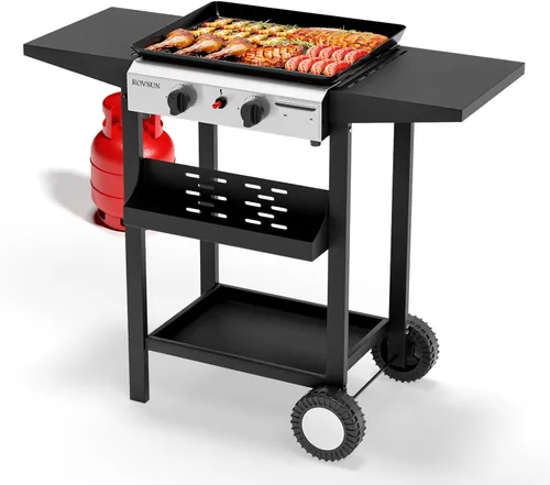 ROVSUN - Parrilla portátil de 2 quemadores de propano con bandeja esmaltada antiadherente, parrilla de gas de 20000 BTU con parte superior plana y
