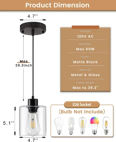 Miniatura 2 de 1 lámpara colgante de isla de cocina, moderna lámpara colgante de granja, lámpara de techo negra ajustable de 39 pulgadas para comedor, base E26