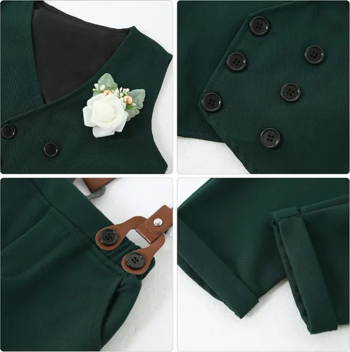 Miniatura 3 de YALLET Ropa de Traje para Bebé Niño Caballero Conjuntos de Boda, Camisa de Vestir Formal + Pajarita + Chaleco + Boutonniere + Pantalones con Tirantes