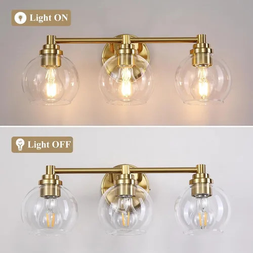 Miniatura 8 de Lámparas de baño de 3 luces, moderna lámpara de tocador con pantalla de cristal de globo, luces de baño doradas cepilladas sobre el espejo, luces