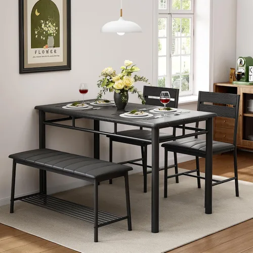 Miniatura 4 de IRONCK Juego de mesa de comedor para 4, mesa de cocina con banco tapizado y 2 sillas, juego de mesa de cocina y sillas para espacio pequeño, Negro