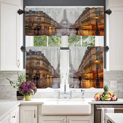 Miniatura 8 de Cortinas opacas de cocina con pintura al óleo de Europa rosa y negra para ventanas, cenefas opacas modernas de torre Eiffel de poliéster multicapa