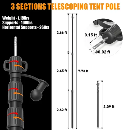 Miniatura 2 de WILDROAD Bastones de lona para tienda de campaña de 7.7 pies, postes telescópicos de aluminio con parte inferior de cono de aluminio antideslizante