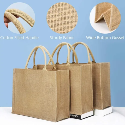 Miniatura 5 de Segarty Bolsas de mano, paquete de 6 bolsas grandes de arpillera reutilizables de lona de yute para regalos con asas, bolsa en blanco a granel