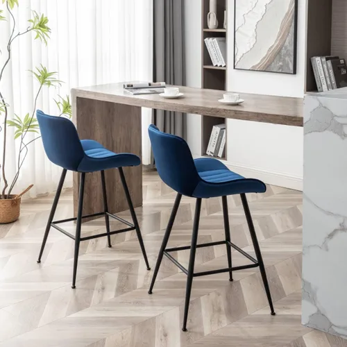 Miniatura 4 de Juego de 2 Taburetes de Bar - Taburetes de Bar de Lujo de Altura de Mostrador, Taburete de Bar de 24 Pulgadas de Altura de Asiento, Tapizados en Azul
