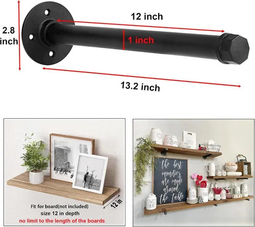 Miniatura 3 de Juego de 8 soportes industriales para estantes de tubería de 12 pulgadas, soportes de estantería de hierro negro rústicos montados en la pared