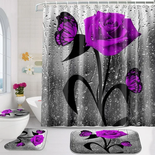 Miniatura 11 de Poedist Juego de 4 cortinas de ducha de baño, juego de cortina de baño con rosas azules, juegos de cortinas de ducha con alfombras