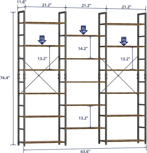 Miniatura 3 de NUMENN Estantería Triple Ancha de 5 Niveles, Estantes de Libros Ajustables de Estilo Industrial Rústico, Librerías y Estanterías Modernas Muebles