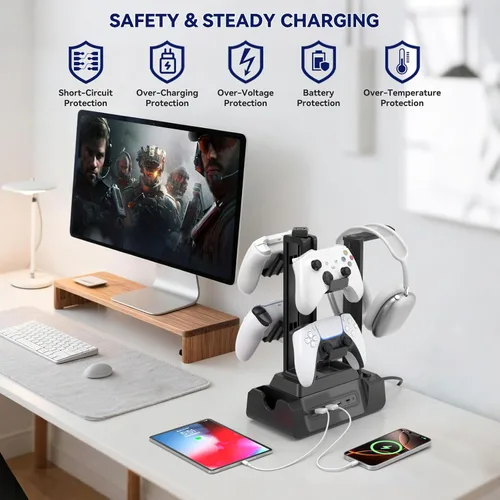 Miniatura 5 de KDD Estación de carga para múltiples dispositivos - Base de carga de 4 puertos con controlador y soporte para auriculares - 3 USB A y 1 USB C