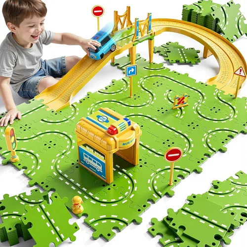 Juego de pista de carreras de rompecabezas grande de 2 niveles para niños de 3 a 5 años, juego de pistas de rompecabezas, juguetes de pistas de