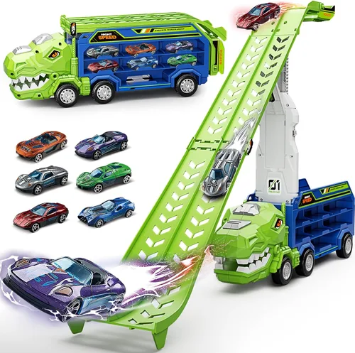 Juguetes de camiones de dinosaurio para niños de 3, 4, 5, 6, 7, 8 años, juguetes de pista de carreras de camiones transportadores, juguete de coche