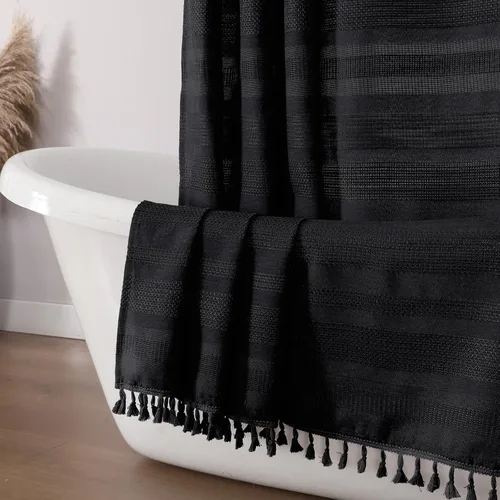 Miniatura 20 de OVZME Cortina de ducha bohemia negra, cortina de ducha estrecha de tela suave a rayas de lino texturizado con borla, moderna decoración de baño