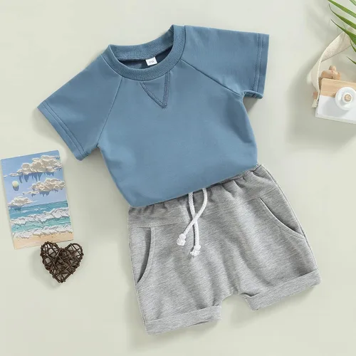 Miniatura 36 de Conjunto de traje de verano para bebé niño pequeño, manga corta, cuello redondo, letras impresas, lindo traje de verano, conjunto de 2 piezas